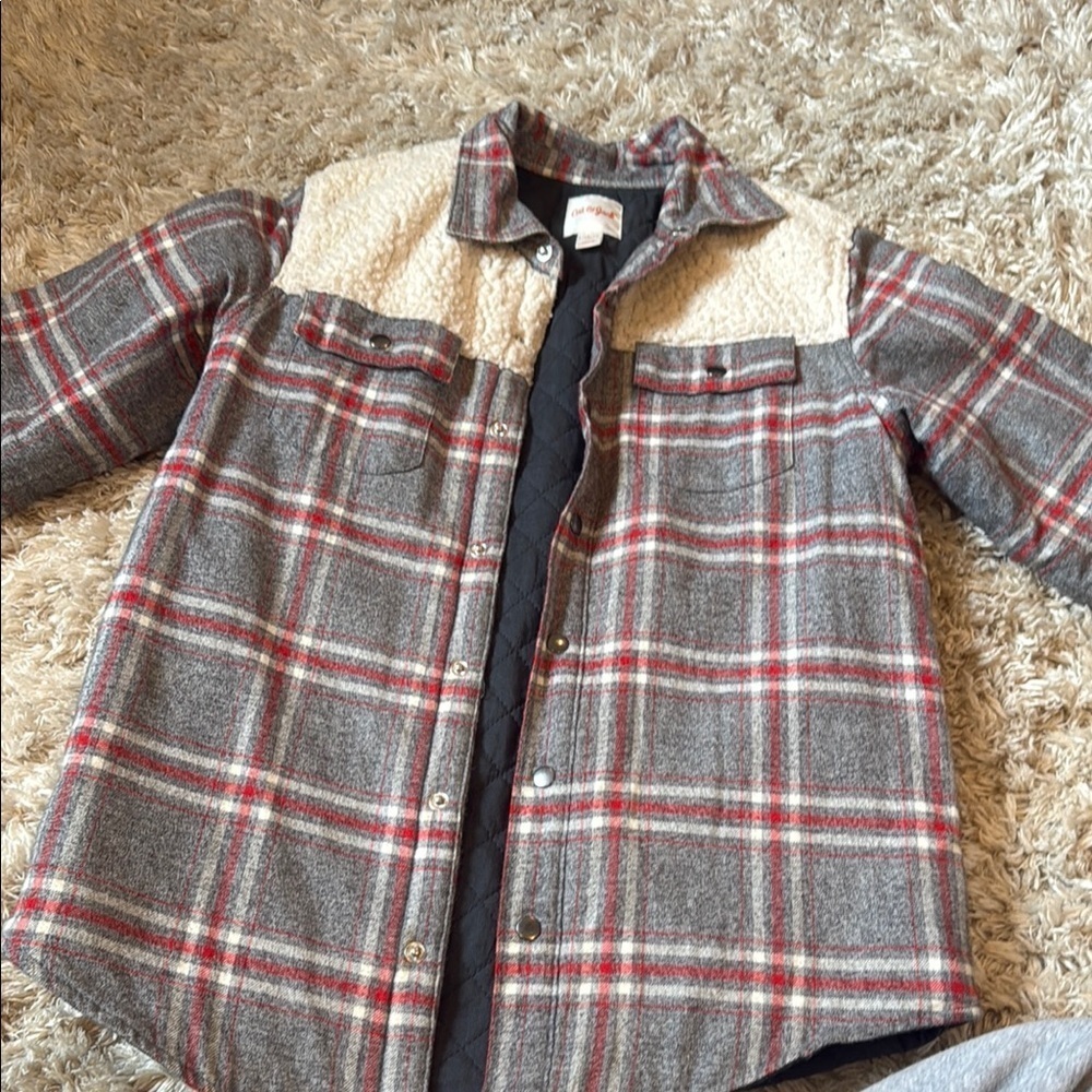 Plaid Button-Up Jacket with Sherpa Detail